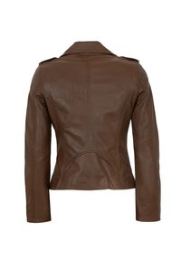 Braune Lederjacke mit tailliertem Design, Schulterklappen und vertikalen Nähten. Glatte Textur, mittellange Ärmel und klassischer Kragen.