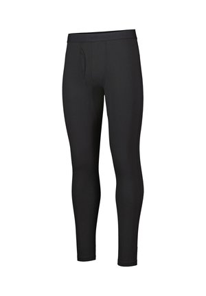 Leggings neri realizzati in tessuto elastico, caratterizzati da una silhouette aderente, una vita elastica e un dettaglio a tasca frontale.
