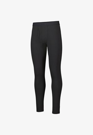 Leggings neri realizzati in tessuto elastico, caratterizzati da una silhouette aderente, una vita elastica e un dettaglio a tasca frontale.