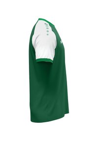 Grünes Sporttrikot mit weißen Ärmeln, ausgestattet mit einem Knopfkragen und kleinen grünen runden Akzenten auf der Schulter. Glatte Stofftextur.