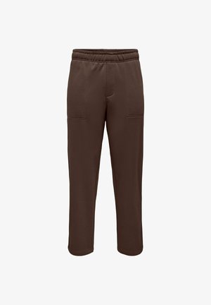 Pantalon en polaire marron avec taille élastique et poches plaquées à l'avant, présenté sur fond blanc.