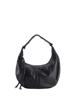 Schwarze Leder-Umhängetasche mit einem Trageriemen, Reißverschluss und dekorativen doppelten Quasten an der Seite.