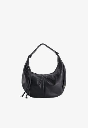 Sort læder skuldertaske med enkelt rem, lynlåslukning og dekorative dobbelte kvaster på siden.