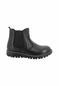 Stivaletto Chelsea in pelle nera con pannelli elasticizzati laterali, punta rotonda e suola in gomma testurizzata. Presenta un branding discreto sul tallone.
