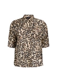 Chemise à manches courtes avec un motif léopard en beige et noir. Présente deux poches poitrine et un devant à boutons. Fabriquée en tissu léger.