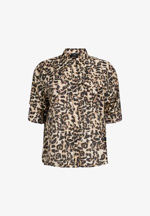 Košulja s kratkim rukavima s uzorkom leoparda u bež i crnoj boji. Ima dvije prednje džepove na prsima i dugmad za zatvaranje. Napravljena je od laganog materijala.