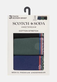 Drei-Pack Boxershorts aus Baumwollstretch in den Farben Marineblau, Grün und Schwarz mit gestreiften und gemusterten Bund.