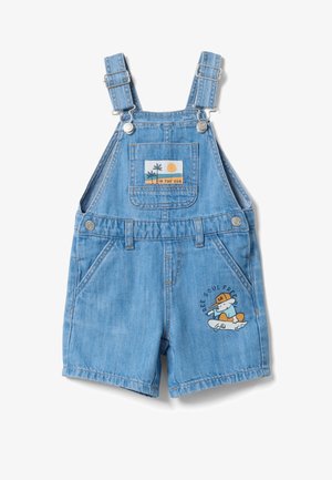 Hellblaue Denim-Latzhose für Kleinkinder mit verstellbaren Trägern, aufgesetzter Fronttasche mit Palmen und Sonne sowie einer Cartoon-Skaterfigur mit dem Schriftzug "Free Soul Free".