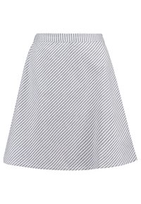 Une jupe trapèze en tissu léger avec un motif à rayures diagonales gris et blanches. Elle comporte une ceinture simple et lisse ainsi qu'un ourlet.