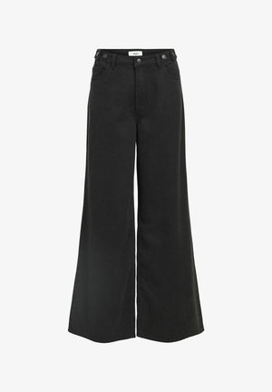 Pantalons en denim noir à jambe large avec taille haute, deux poches avant et double boutonnière. Caractéristiques d'une texture lisse et d'un design classique.