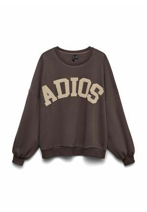 Hnědá oversized mikina s béžovými texturovanými písmeny tvořícími nápis "ADIOS" přes hrudník, s kulatým výstřihem a žebrovanými manžetami.