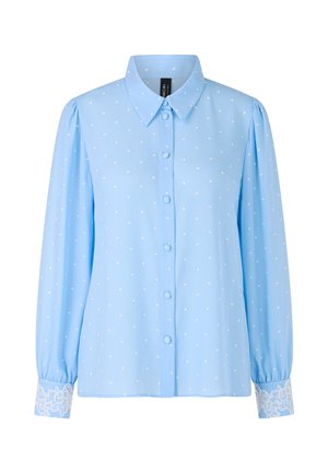 Light blue blouse with white polka dots, button-down front, collar, and long sleeves. Cuffs feature detailed white lace accents.