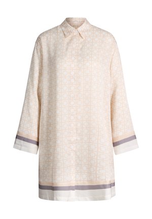 Camicia a maniche lunghe con motivo geometrico beige, colletto appuntito e righe beige e grigie a contrasto su polsini e orlo.