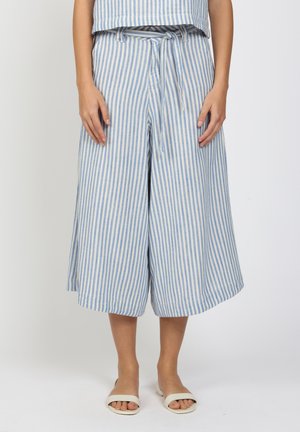 Woman wearing blue and white vertical striped wide-leg cropped pants with a drawstring waist and white slide sandals.