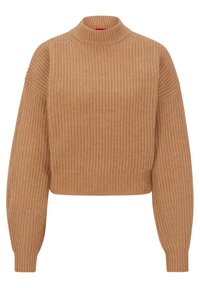Pull tricot marron avec un col montant, une longueur raccourcie et des manches larges. Tissu texturé avec un motif côtelé et une ceinture ajustée.