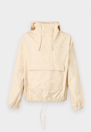 Lichtbeige pulloverjack met capuchon, drie knopen, een voorvak en elastische boorden en zoom. Textuurstof met een subtiel patroon.