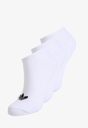 White ankle socks made of cotton blend, featuring a black logo near the toe. The pack includes three pairs with a smooth texture.