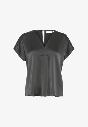 Dark gray, short-sleeve blouse with a V-neck and a split hem. The fabric has a subtle texture and a smooth finish. Features a back closure.