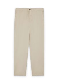 Pantaloni beige in tessuto leggero, con vita elastica e tasche laterali, dal design a gamba dritta e superficie liscia.