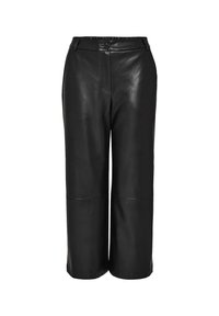 Pantalon large noir en simili cuir raccourci, avec fermeture à bouton et zip, passants pour ceinture et détails de coutures aux genoux.