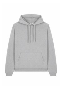 Felpa grigia realizzata in tessuto morbido, con tasca frontale, cappuccio con cordino e polsini e orlo a coste. Design semplice, senza motivi.