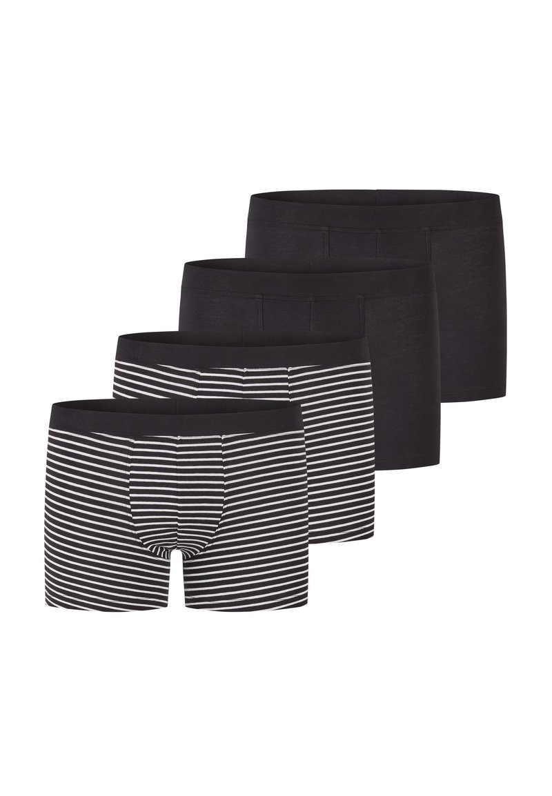Fyra par herrboxershorts: tre i helt svart och ett svart med vita horisontella ränder. Mjuk tyg med elastiska midjeband.