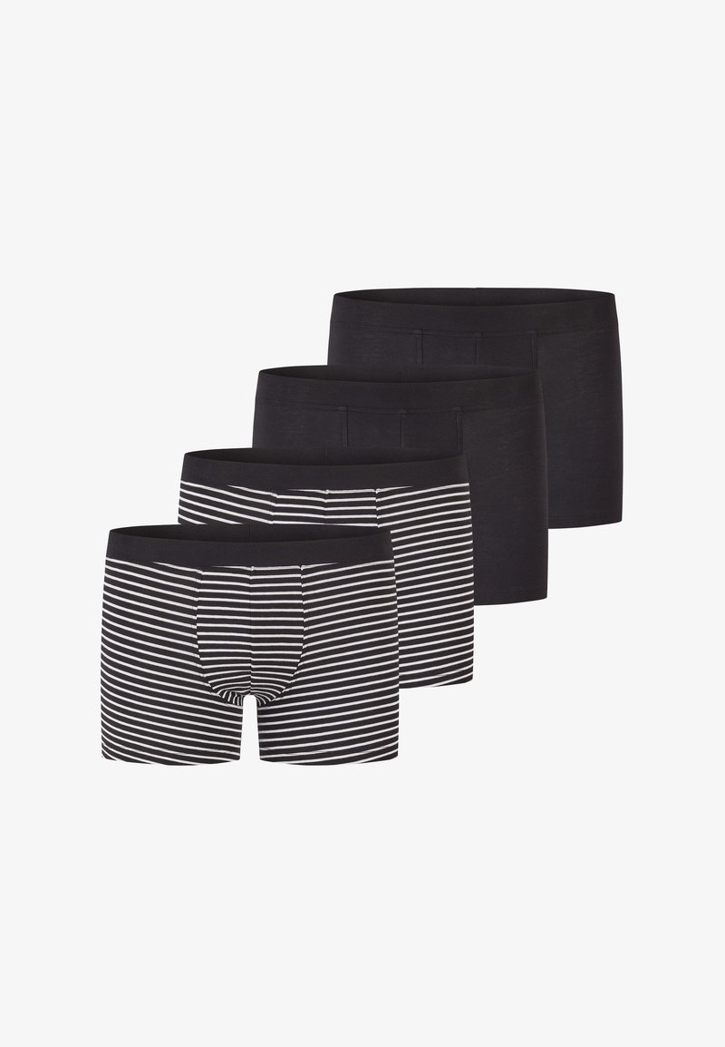 Quatre paires de boxer pour hommes : trois noirs unis et un noir à rayures horizontales blanches. Tissu doux avec des ceintures élastiques.