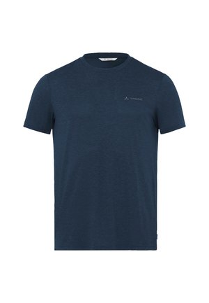 Marineblaue kurzärmlige T-Shirt aus einem strukturierten Stoff, mit einem dezenten Logo auf der Brust und einem gerippten Rundhalsausschnitt.