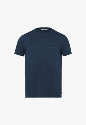 Marineblaue kurzärmlige T-Shirt aus einem strukturierten Stoff, mit einem dezenten Logo auf der Brust und einem gerippten Rundhalsausschnitt.
