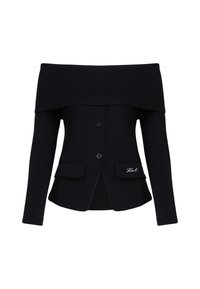 Off-the-shoulder black jacket made of soft fabric. Features two front pockets, three buttons, and embroidered logo on the left pocket.