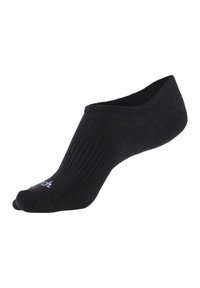 Schwarze Knöchelsocke aus einem weichen, dehnbaren Material mit gerippter Textur und niedrigem Schnitt. Verfügt über ein Logo auf der Oberseite in der Nähe der Zehen.