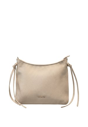 Beige Lederschultertasche mit verstellbaren seitlichen Riemen und kleinem Metall-Logo der Marke mittig vorne.