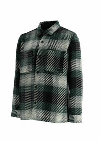 Långärmad skjorta med knäppning i grönt, svart och vitt rutmönster och en bröstficka på en vit bakgrund.