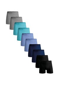 Deviņi vīriešu bokseršorti dažādās krāsās: pelēka, tirkīza, gaiši zila, tumši zila, tumši zila un melna, ar logotipu elastīgo jostu.