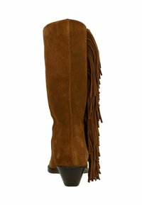 Braune Wildleder-Stiefel in knielanger Höhe mit einem gestapelten Absatz und Fransen-Details an der Seite. Glatte Textur, einfaches Design und eine spitze Zehenpartie.