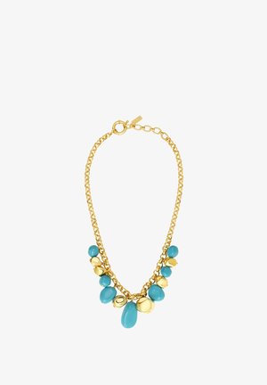 Collier en chaîne dorée avec breloques alternées de perles turquoise et dorées irrégulières, fixé par un fermoir à ressort rond.