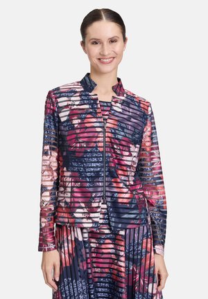 Bloemenpatroon zip-up jacket met lange mouwen. Beschikt over een mix van donker marineblauw, roze en paars met een gestructureerd, geplooid ontwerp.