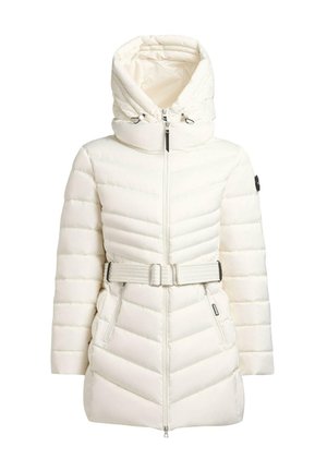 White puffy jacket with a chevron quilted pattern, a detachable hood, zipper closure, and a fabric belt at the waist.