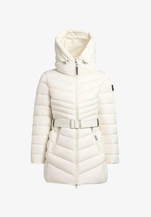 Biała puchowa kurtka z wzorem w zygzak, odpinanym kapturem, zapięciem na zamek i materiałowym paskiem w talii.