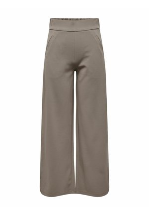 Široké kalhoty v neutrální taupe barvě, s vysokým elastickým pasem a bočními kapsami. Měkká, hladká textura s upraveným vzhledem.
