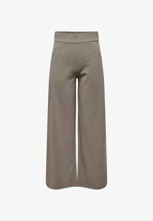 Spodnie o szerokiej nogawce w neutralnym odcieniu taupe, z wysokim elastycznym paskiem i bocznymi kieszeniami. Miękka, gładka struktura z dopasowanym wyglądem.