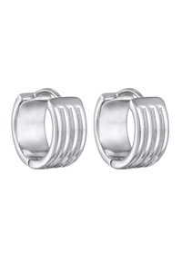 Silberne Creolen mit einer glatten Oberfläche und drei vertikalen Linien auf einer Seite, die ein poliertes Finish und eine runde Form zeigen.