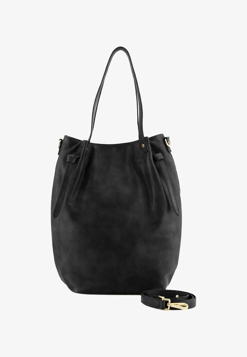 Zwarte leren totebag met twee lange hengsels, gladde textuur, sluiting met trekkoord en een afneembare schouderband versierd met een gouden sluiting.