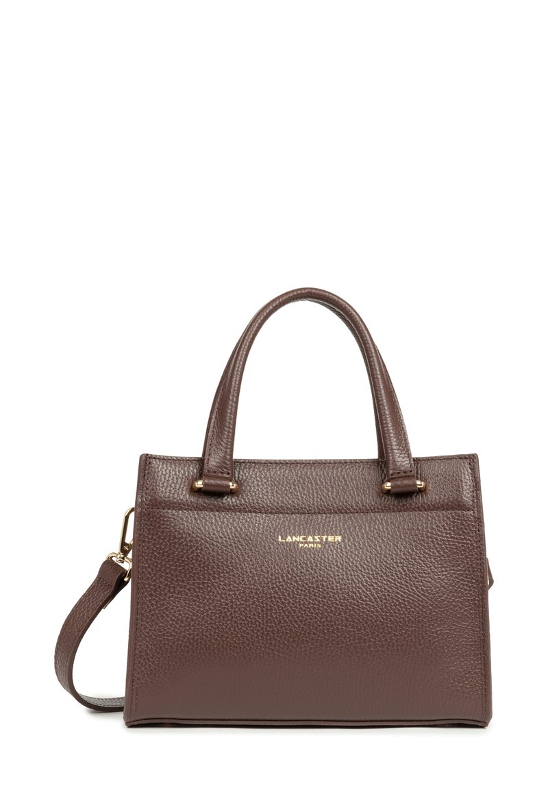 Borsa a mano in pelle marrone con finitura testurizzata, doppio manico superiore, tracolla rimovibile e dettagli in oro con logo sul davanti.