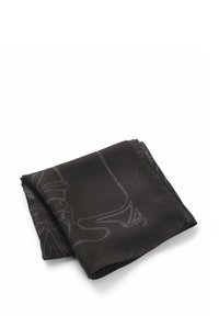 Sort silkescarf, foldet, med et subtilt gråt design. Glat tekstur, rektangulær form, med pænt færdige kanter.