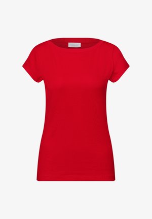 T-shirt rouge à manches courtes cintré avec encolure ronde et étiquette de marque visible à l'intérieur du col.