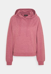 Sweat à capuche en polaire de couleur rose chiné, avec une capuche à cordon, des manches longues et une coupe décontractée. Texture douce et poignets côtelés.