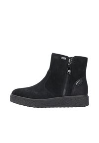 Bottines noires en daim doux avec une semelle en caoutchouc texturée. Comprend des fermetures éclair latérales et un accent lisse sur le talon.