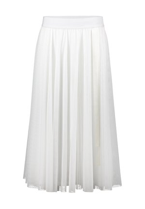 Weißer Faltenrock aus leichtem Stoff, mit einem breiten Bund und glatter Textur, der eine lange, fließende Silhouette aufweist.