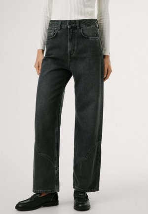 Jeans neri in denim a vita alta e gamba larga, con tasche frontali e posteriori, dettagli di cucitura sottili e una texture liscia.